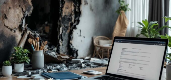 Fire-damaged Singapore home with insurance documents for claims processing.