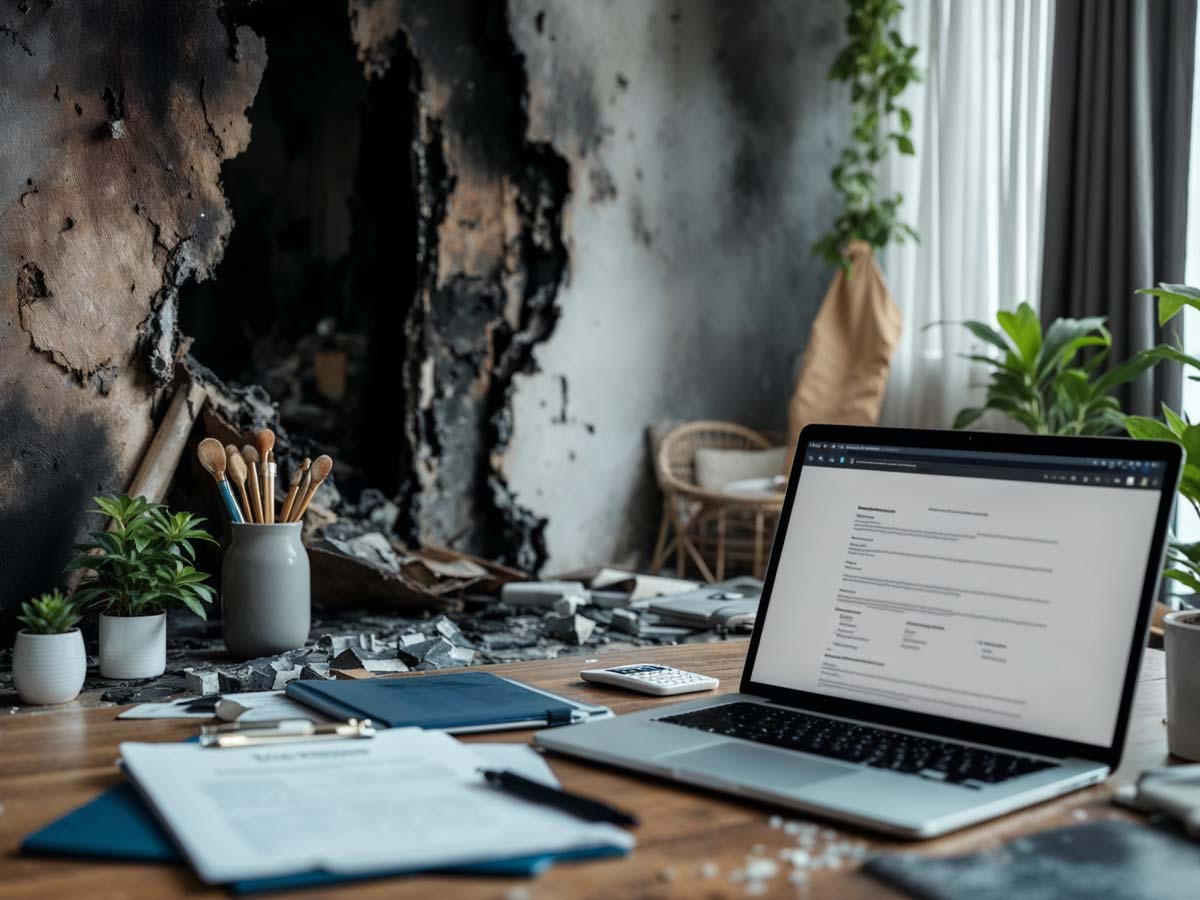 Fire-damaged Singapore home with insurance documents for claims processing.